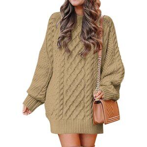 Women Oversized Cable Knit Sweater Khaki Chunky Long Sleeve Fall Winter Outfit